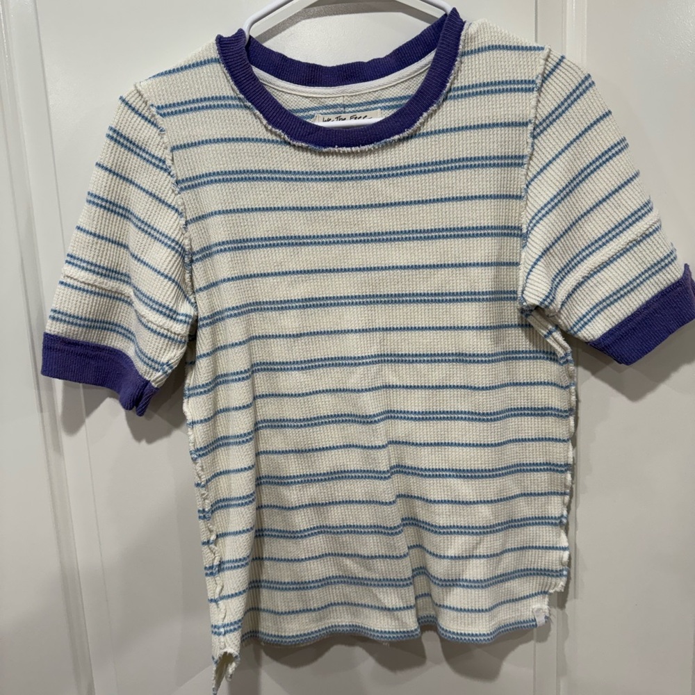 We The Free Cream and Blue Striped Short Sleeve Tee with Purple Trim